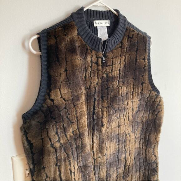 Parkhurst Womens M Brown Faux Fur Leopard Print Zip Front Vest Old Money Glam - Picture 3 of 8